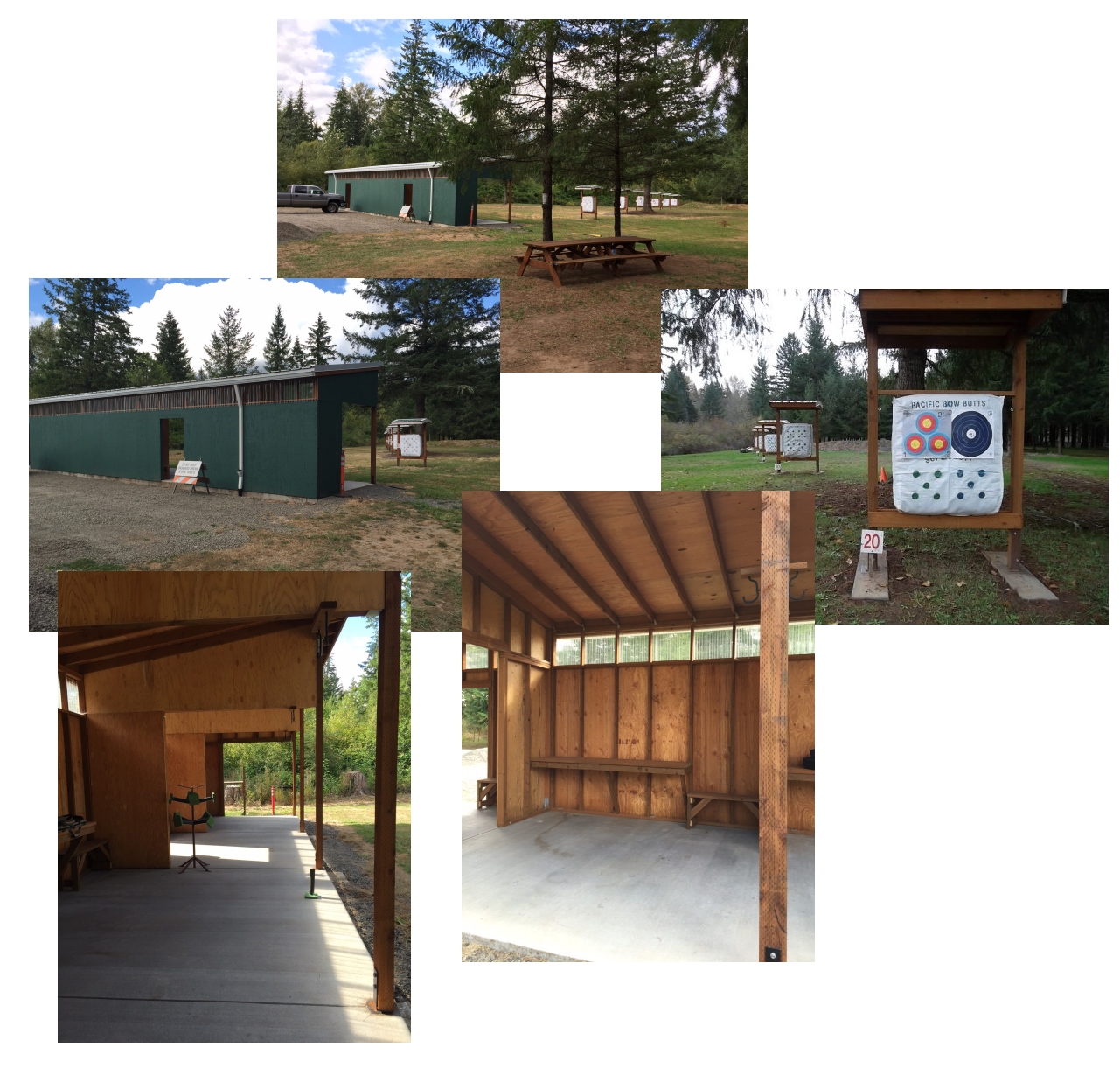 Image collage of the Douglas Ridge Rifle Club Archery Range. First image is of a picnic table with trees and a dark green covered shooting area. Clockwise next image is of a variety of targets used for archery. Next image is of the interior of the dark green covered shooting area. Next image is of the interior of the dark green covered shooting area from the side, showing trees nearby.