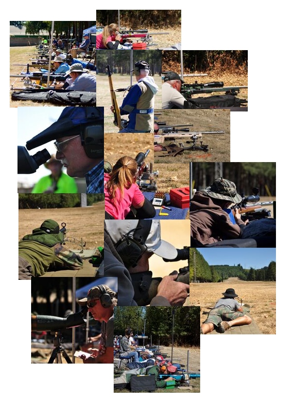Image collage: First image top left is of a row of people lying on the ground aiming rifles. Clockwise next image is of a woman laying on the ground aiming a red rifle. Next image is of a man wearing a hat and earmuff hearing protection while holding a wooden gun with a black sling attached. Next image is of a man wearing a black hat while laying down looking through a scope and aiming a black and silver rifle. Next image is of a man aiming a white rifle on the ground with a black rifle behind it in a row. Next image is of a person in a hat aiming a wooden rifle while looking through a scope. Next image is of a woman with a ponytail laying on a blue blanket on the ground with some bullets looking through a scope and aiming a rifle. Next image is a close-up of a man wearing a white hat and earmuff hearing protection while aiming a rifle with a scope attached. Next image is of a row of people laying on the ground aiming rifles while wearing hats and earmuff hearing protection. Next image is of a man wearing a hat and sunglasses while sitting down and looking through a scope on a tripod. Next image is of a person wearing camouflage and laying on the ground while aiming a black rifle. Next image is an up-close picture of a man wearing a blue hat, glasses, and earmuff hearing protection while looking through a scope.